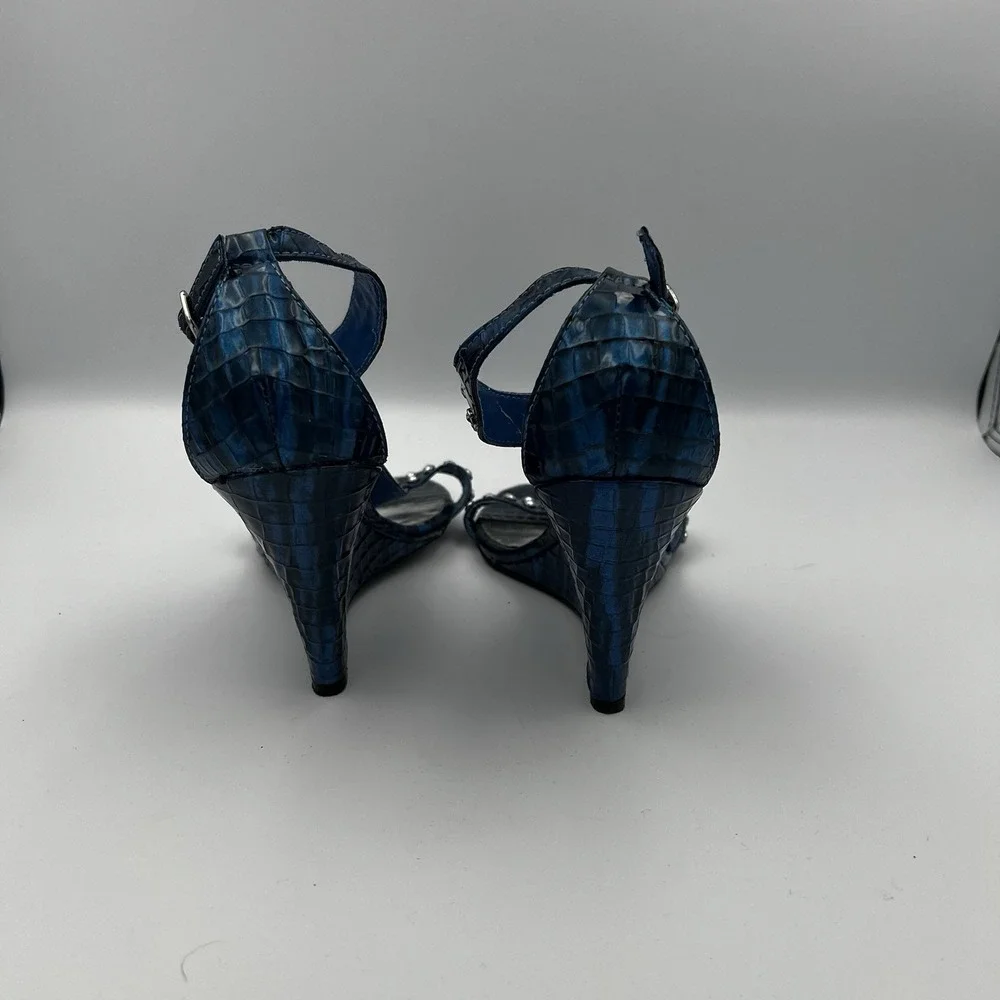White House Black Market Paris Blue Studded Ankle Strap Wedges‎ Size 9.5